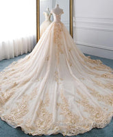 Unique Champagne Tulle Lace Long Wedding Dresses, Bridal Gown